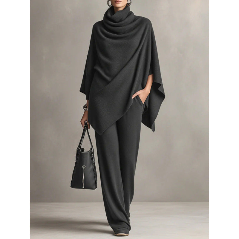 Cowl Neck Knit Poncho & Wide‑Leg Pants Two‑Piece Set