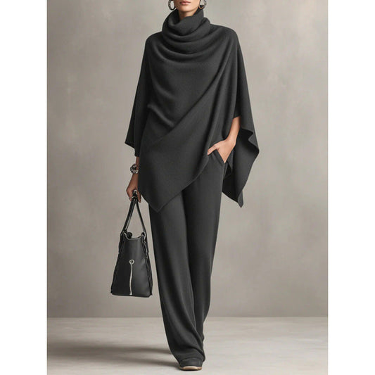 Cowl Neck Knit Poncho & Wide‑Leg Pants Two‑Piece Set