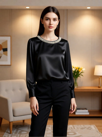 blouse femme ajustée à col perlé en satin luxueux, manches longues