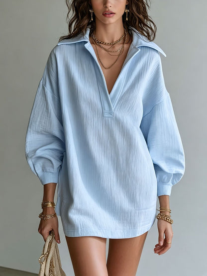 Robe Tunique Col V Texture Crinkle Femme Manches Longues Ample Décontractée Mini-Robe