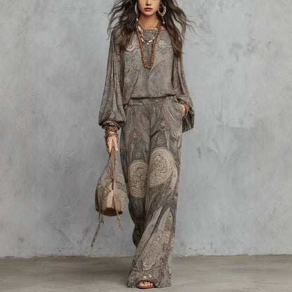 Vintage Paisley Print Long Sleeve Blouse & High Waist Wide Leg Pants 2 Piece Boho Co-Ord Set