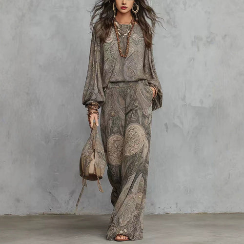 Vintage Paisley Print Long Sleeve Blouse & High Waist Wide Leg Pants 2 Piece Boho Co-Ord Set