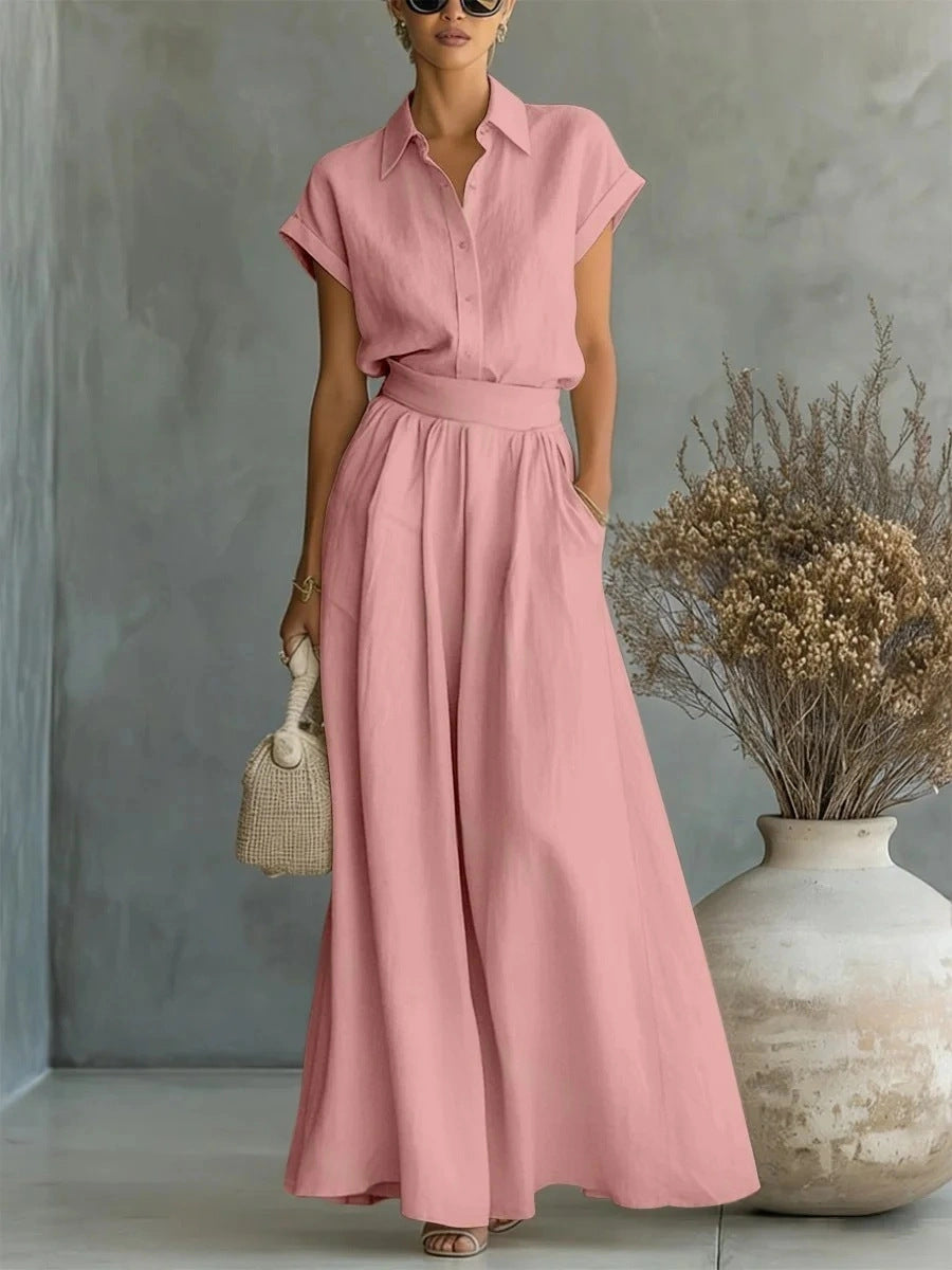 Cap Sleeve Collared Shirt & High Waist Wide Leg Pants Two Piece Set