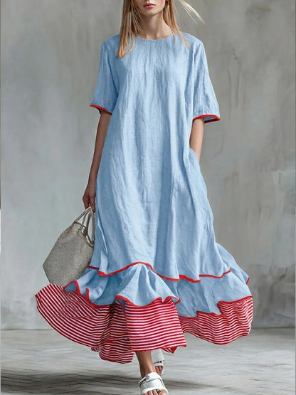 Linen Piping Stripe Ruffle Hem Loose Maxi Dress