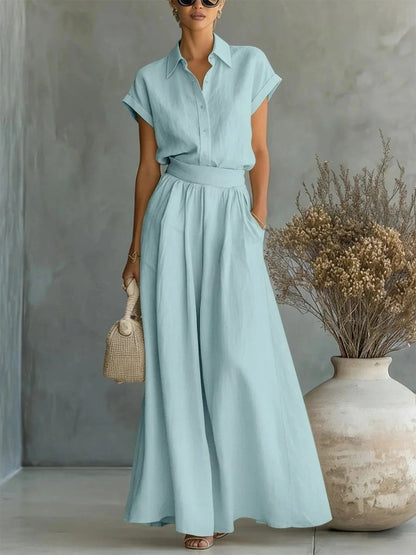 Spring And Summer Fashion Casual Solid Color Shirt Wide-Leg Pants Two-Piece Set