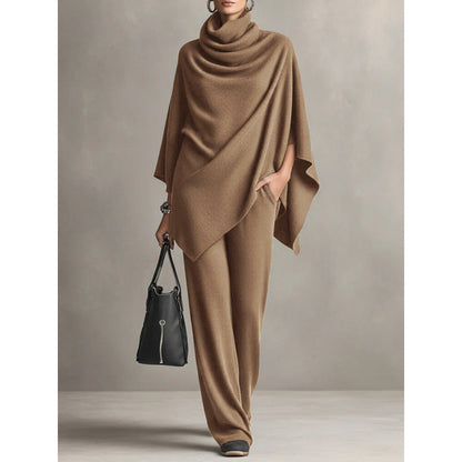 Cowl Neck Knit Poncho & Wide‑Leg Pants Two‑Piece Set