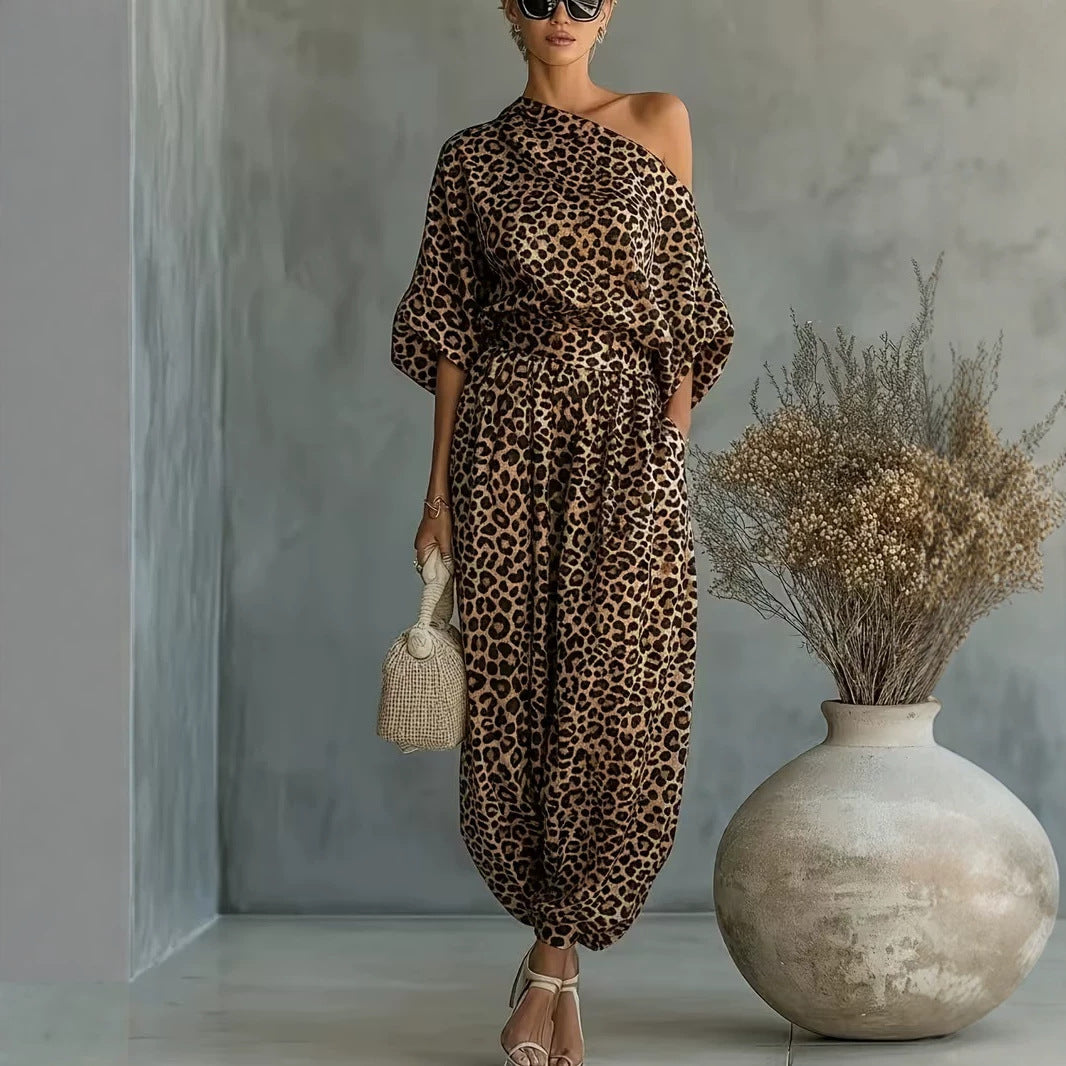 Leopard Print One Shoulder Batwing Top & Cuffed Harem Jogger 2 Piece Co-Ord Set