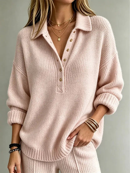 Pull Henley en maille à col lâche pour femme, manches longues, couleur unie, décontracté