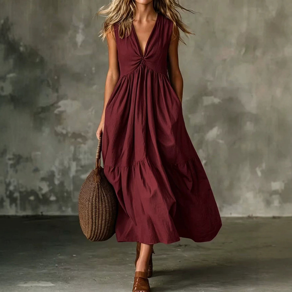 Twist Front V-Neck Sleeveless Pocket Textured Flowy Maxi Dress