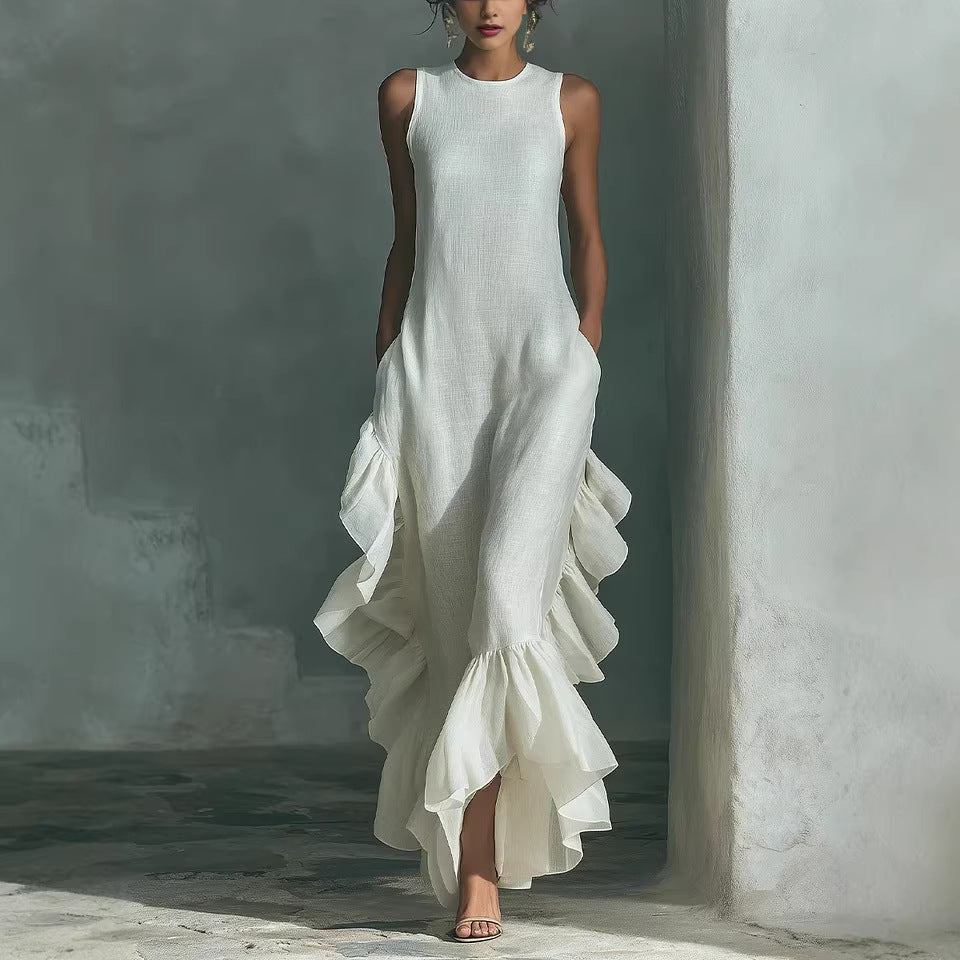 Robe longue maxi en lin sans manches à volants