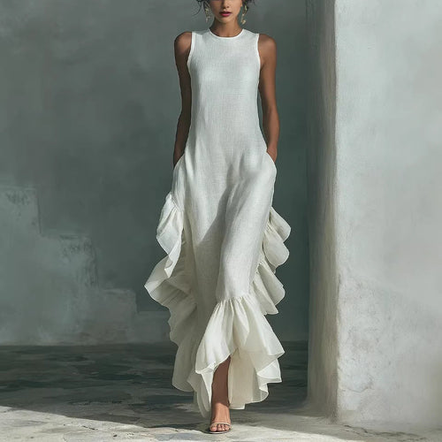 Robe longue maxi en lin sans manches à volants