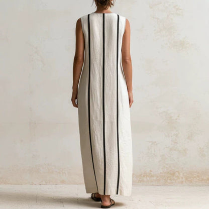 Off‑White Vertical Contrast Piping Linen Maxi Dress
