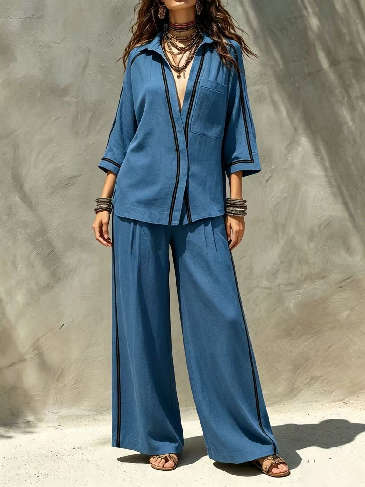 Ensemble deux pièces chemise à liseré contrastant et pantalon large
