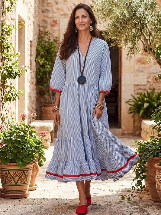 Stripe Red‑Trim Tiered Linen‑Blend Maxi Dress