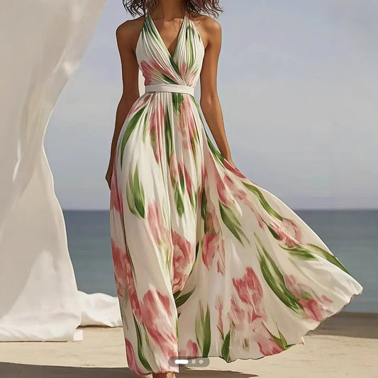 Halter V-Neck Floral Pleated Maxi Dress with Waist Belt
