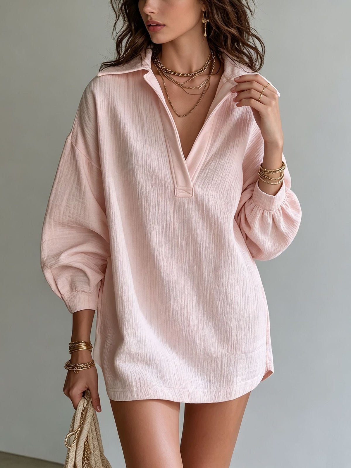 Robe Tunique Col V Texture Crinkle Femme Manches Longues Ample Décontractée Mini-Robe