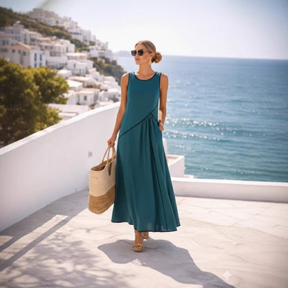 Contrast Piping Sleeveless A-Line Maxi Dress With Side Pockets