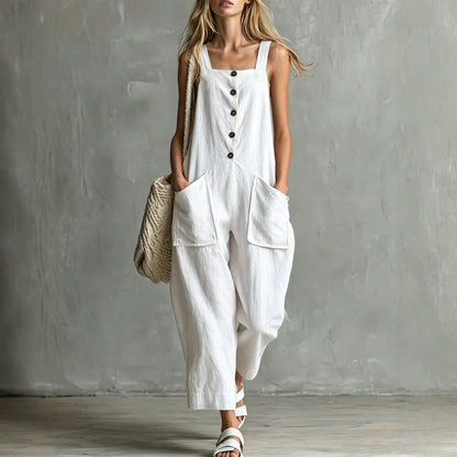 Loose Linen Square Neck Sleeveless Pocket Jumpsuit Casual Overall