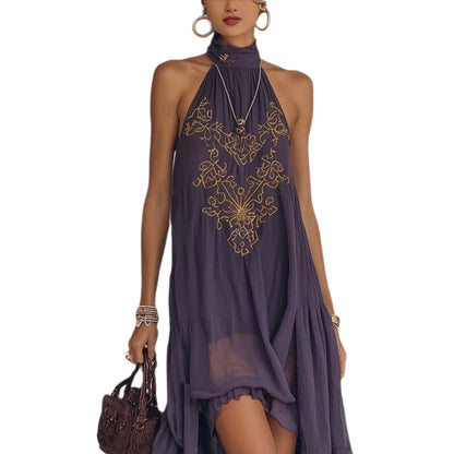 Robe maxi bohème brodée, à col licou et ourlet haut‑bas