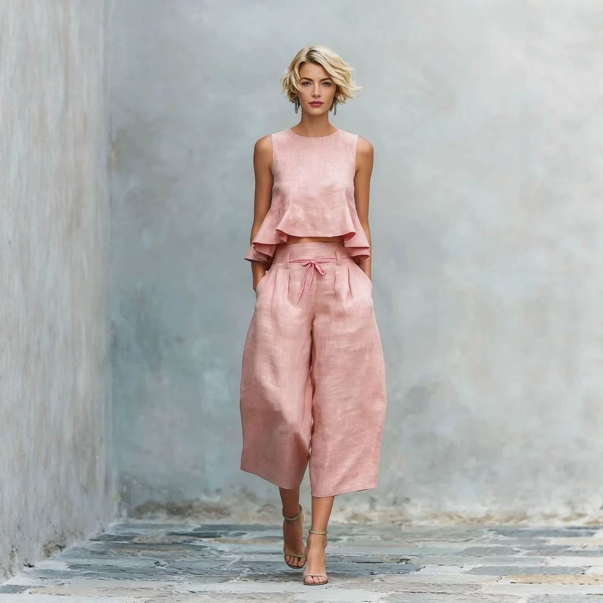 Linen Ruffle Crop Top Tie Waist Culotte Two Piece Set