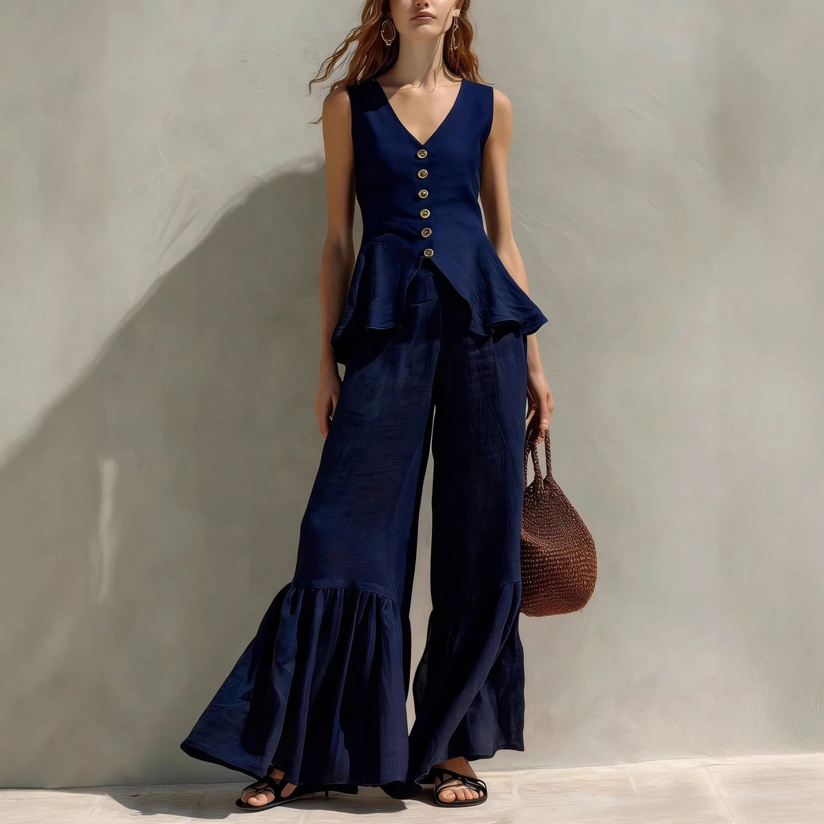 Mustard Linen-Blend Peplum Top & Ruffled Wide-Leg Pants Set
