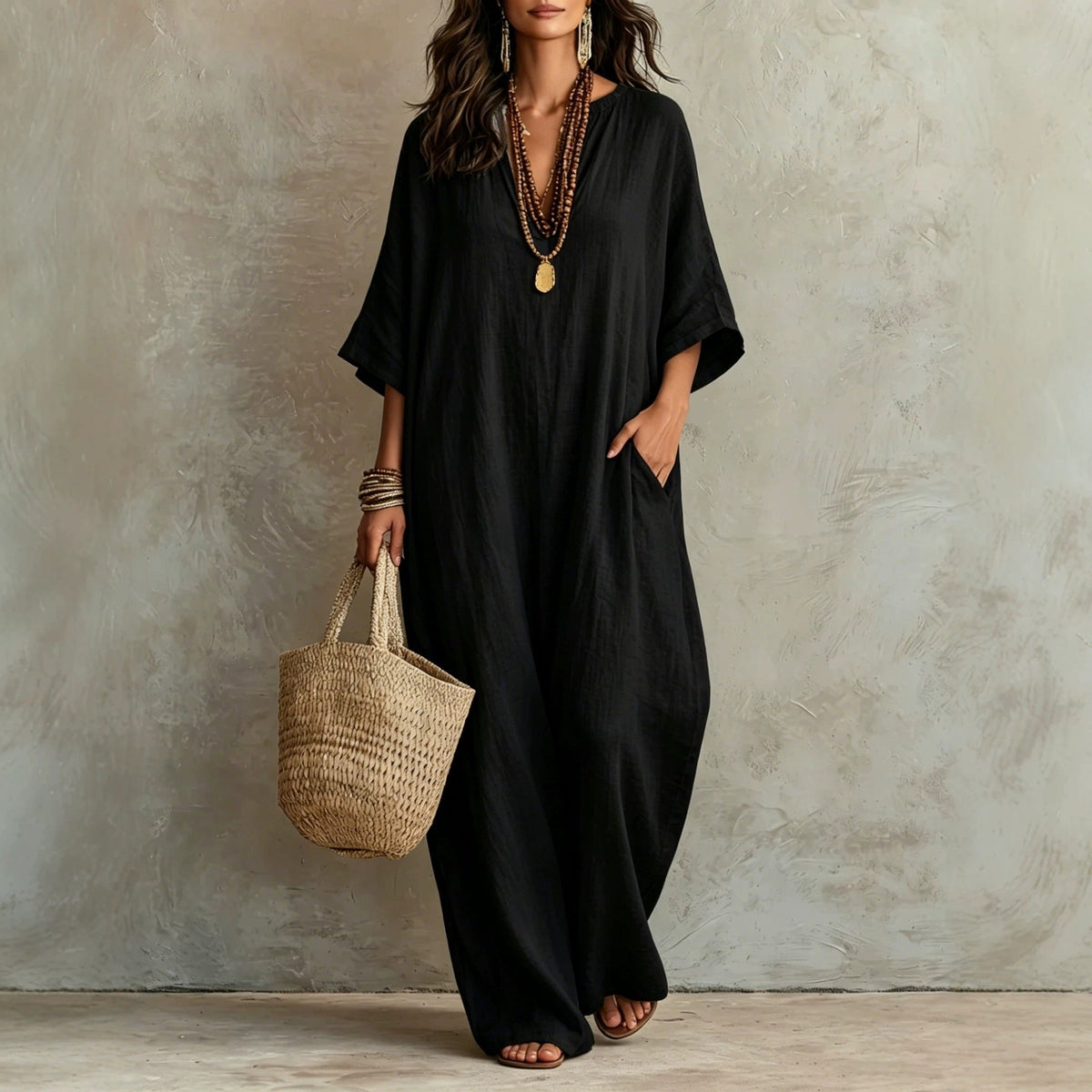 Robe Kaftan Longue Ample en Mélange de Lin à Manches Courtes Col V et Poches