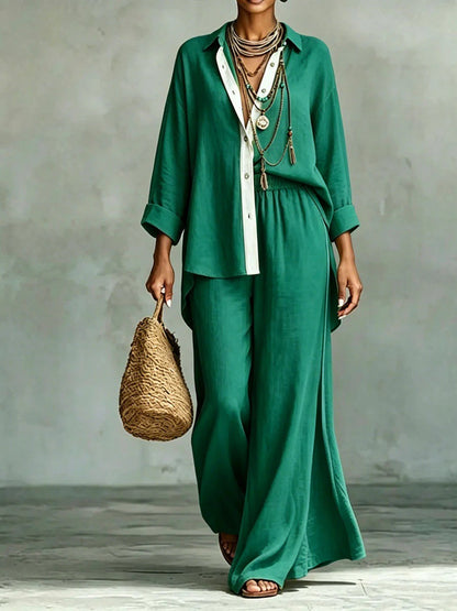 Contrast Trim Linen Shirt Wide Leg Pants 2 Piece Set