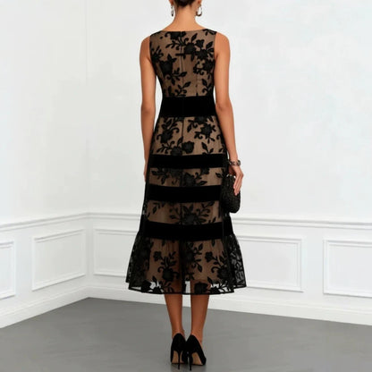 Nude Mesh Black Floral Lace Velvet Strip Sleeveless Midi Dress