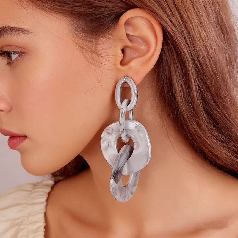Marbled Resin Interlocked Chain Drop Earrings Oversized Chunky Link Statement Dangle Earrings - Grey