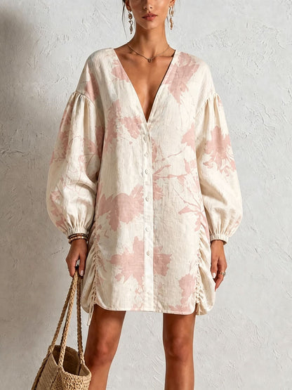 Mini-robe chemise boutonnée en mélange de lin à imprimé floral
