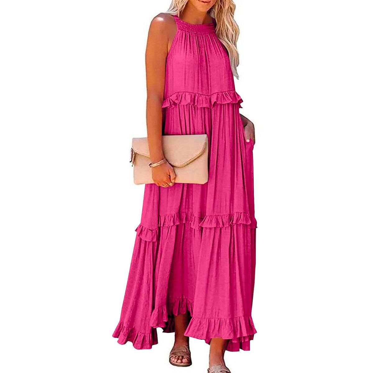 Halter Ruffle Tiered Flowy Maxi Dress