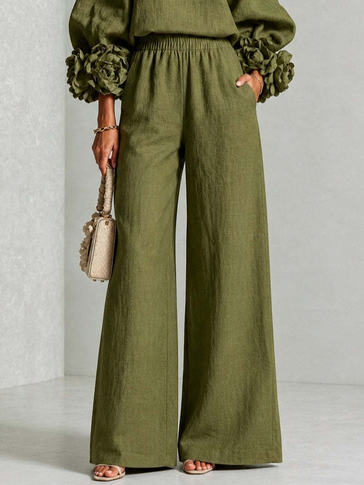 Pink Top Featuring Striking Floral Cuffs Paired With Wide-leg Pants Suit