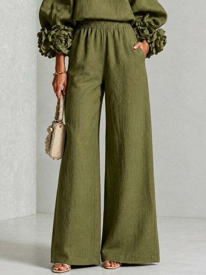 Pink Top Featuring Striking Floral Cuffs Paired With Wide-leg Pants Suit