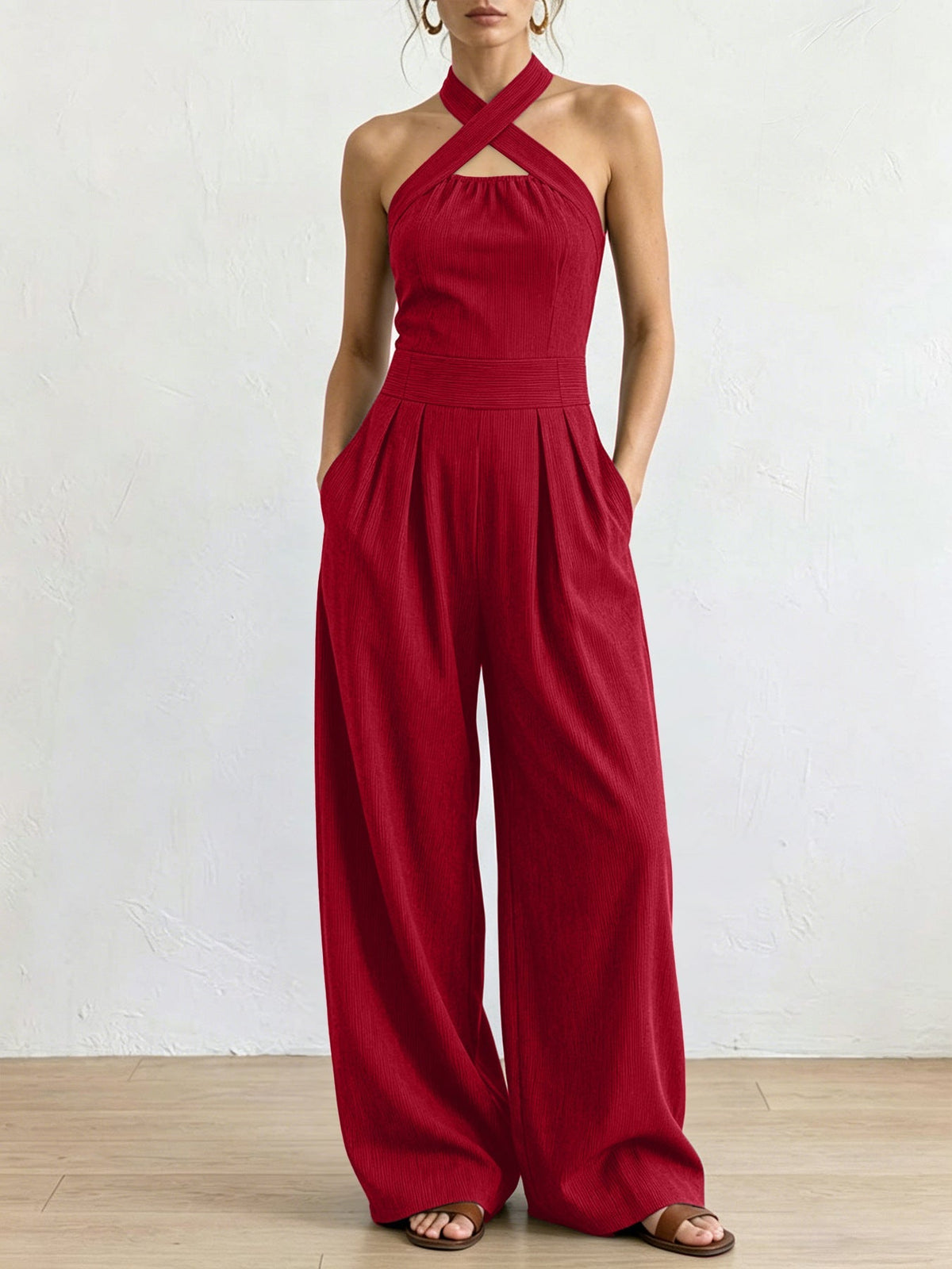Crisscross Halter Keyhole Cutout High Waist Wide Leg Pantsuit with Pockets