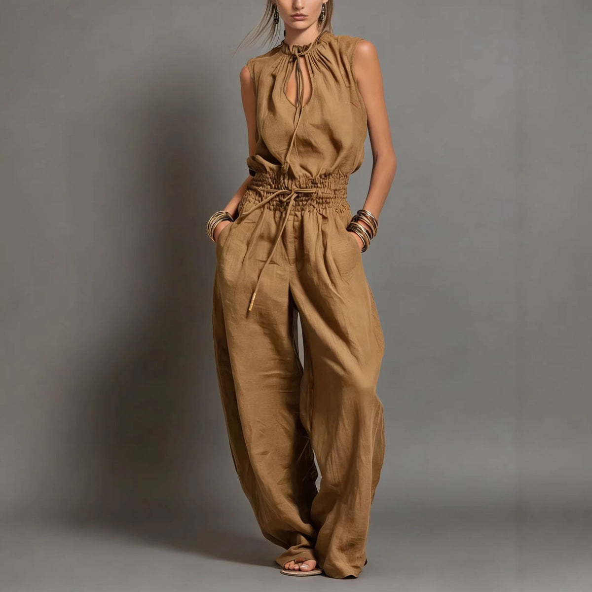 Beige Linen-Blend Smocked-Waist Jumpsuit