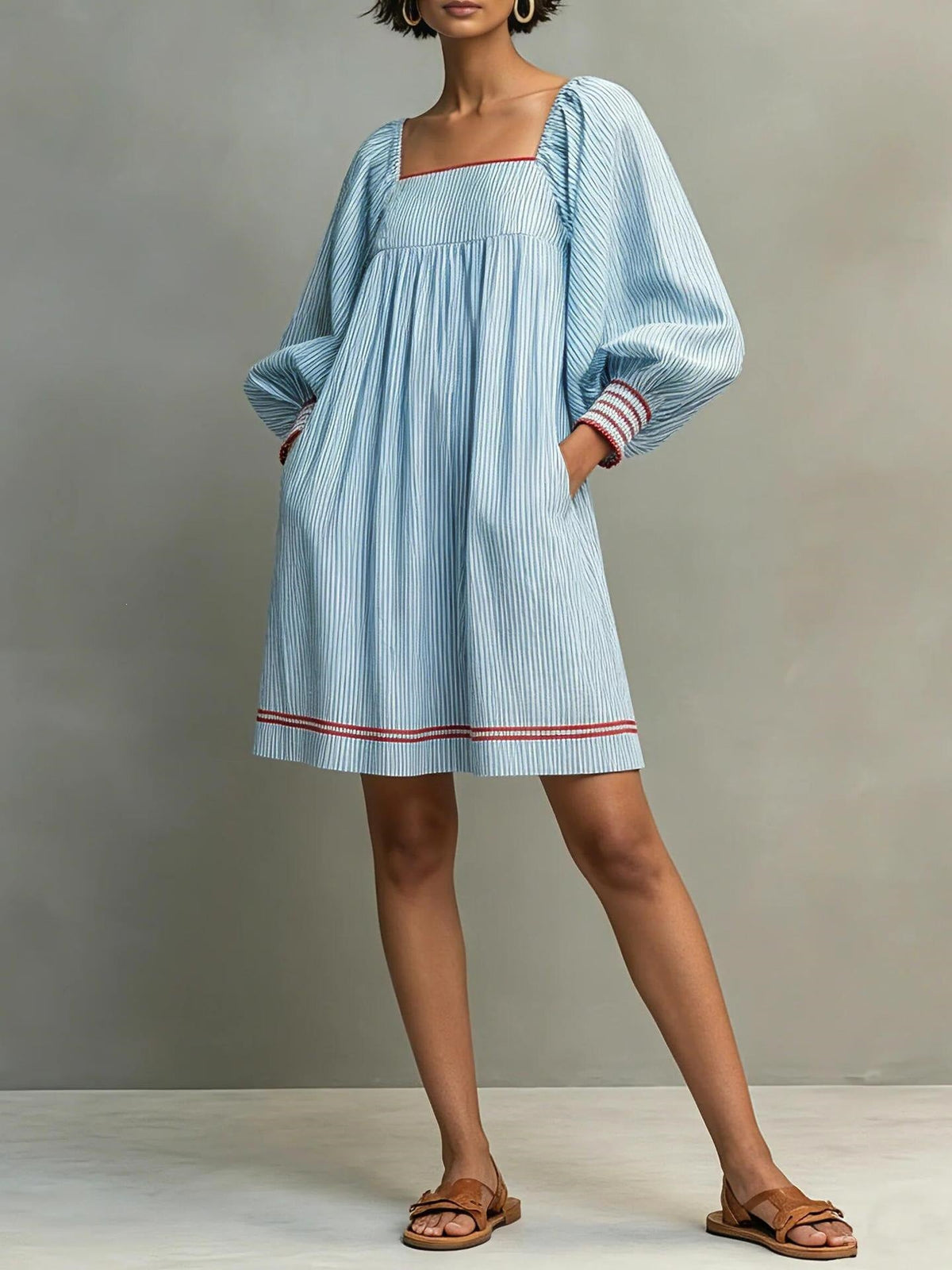 Striped Square Neck Balloon Sleeve Mini Dress