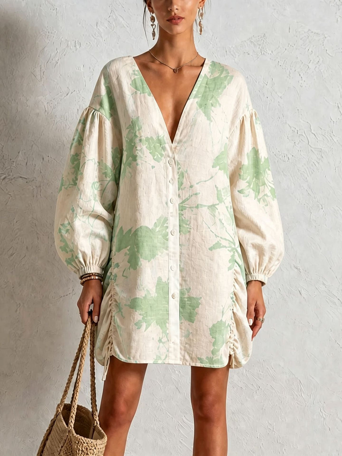Mini-robe chemise boutonnée en mélange de lin à imprimé floral