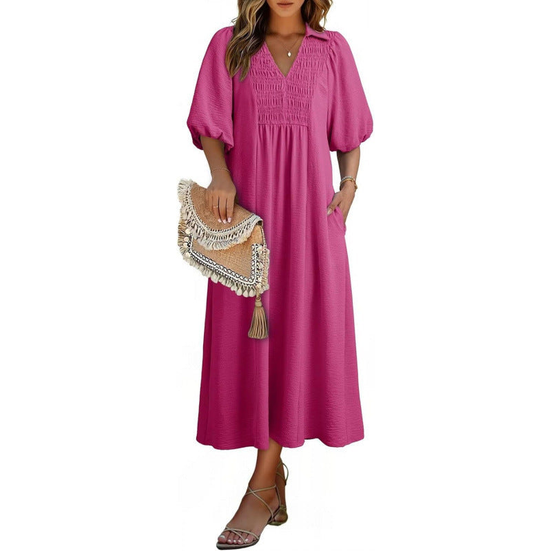 Smocked V‑Neck Puff‑Sleeve Midi Dress - Rose red / S