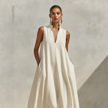 Stand Collar Sleeveless Linen Blend Pocketed Oversized Maxi Dress