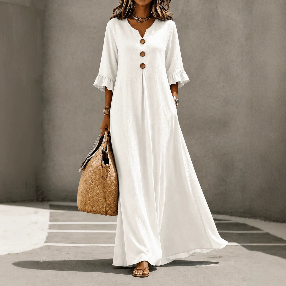 V-Neck Ruffle Sleeve Linen Maxi Dress