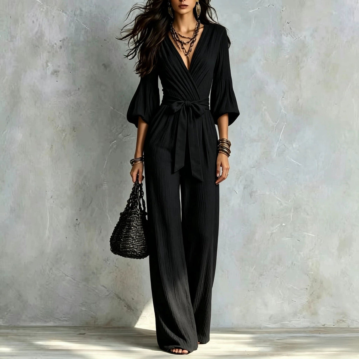 V‑Neck Wrap Belted Textured Wide‑Leg Jumpsuit With Balloon Sleeves - Black / S