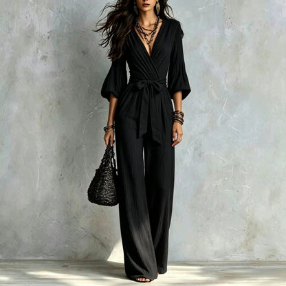 V‑Neck Wrap Belted Textured Wide‑Leg Jumpsuit With Balloon Sleeves - Black / S