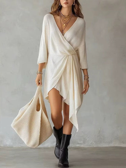 Cream Ribbed Knit Wrap‑Front Asymmetrical Mini Dress