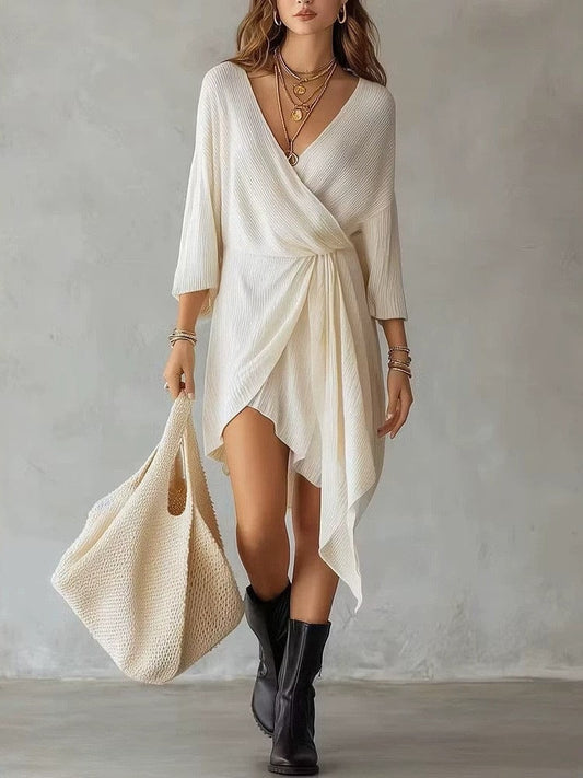 Cream Ribbed Knit Wrap‑Front Asymmetrical Mini Dress
