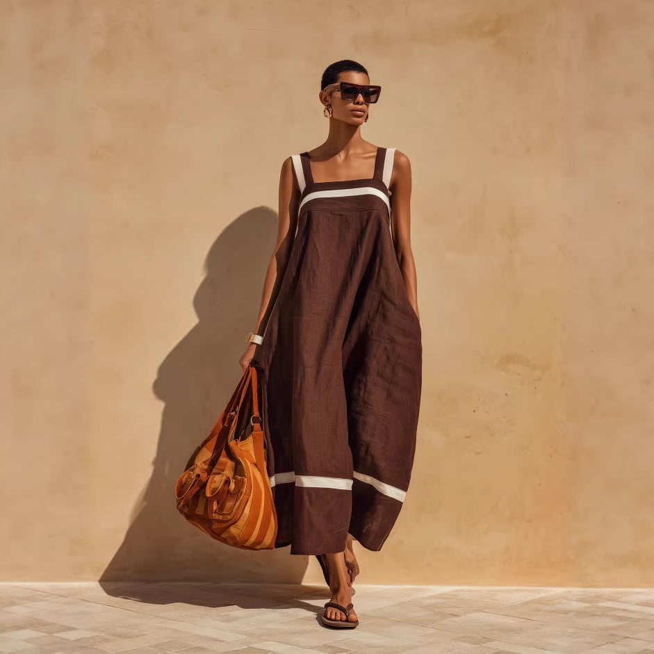 Linen Contrast White Stripe Square Neck Midi Skirt Set