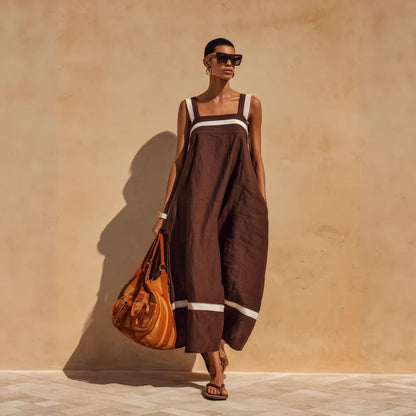 Linen Contrast White Stripe Square Neck Midi Skirt Set
