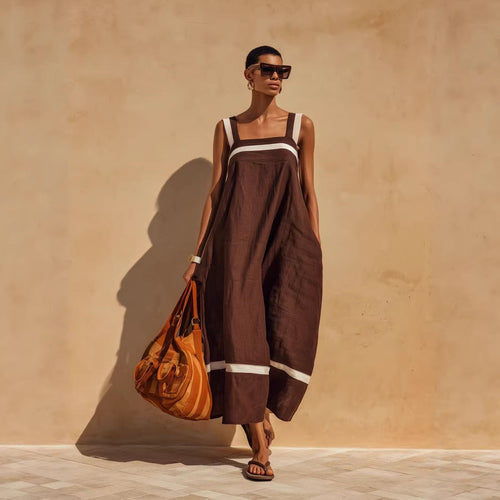 Linen Contrast White Stripe Square Neck Midi Skirt Set