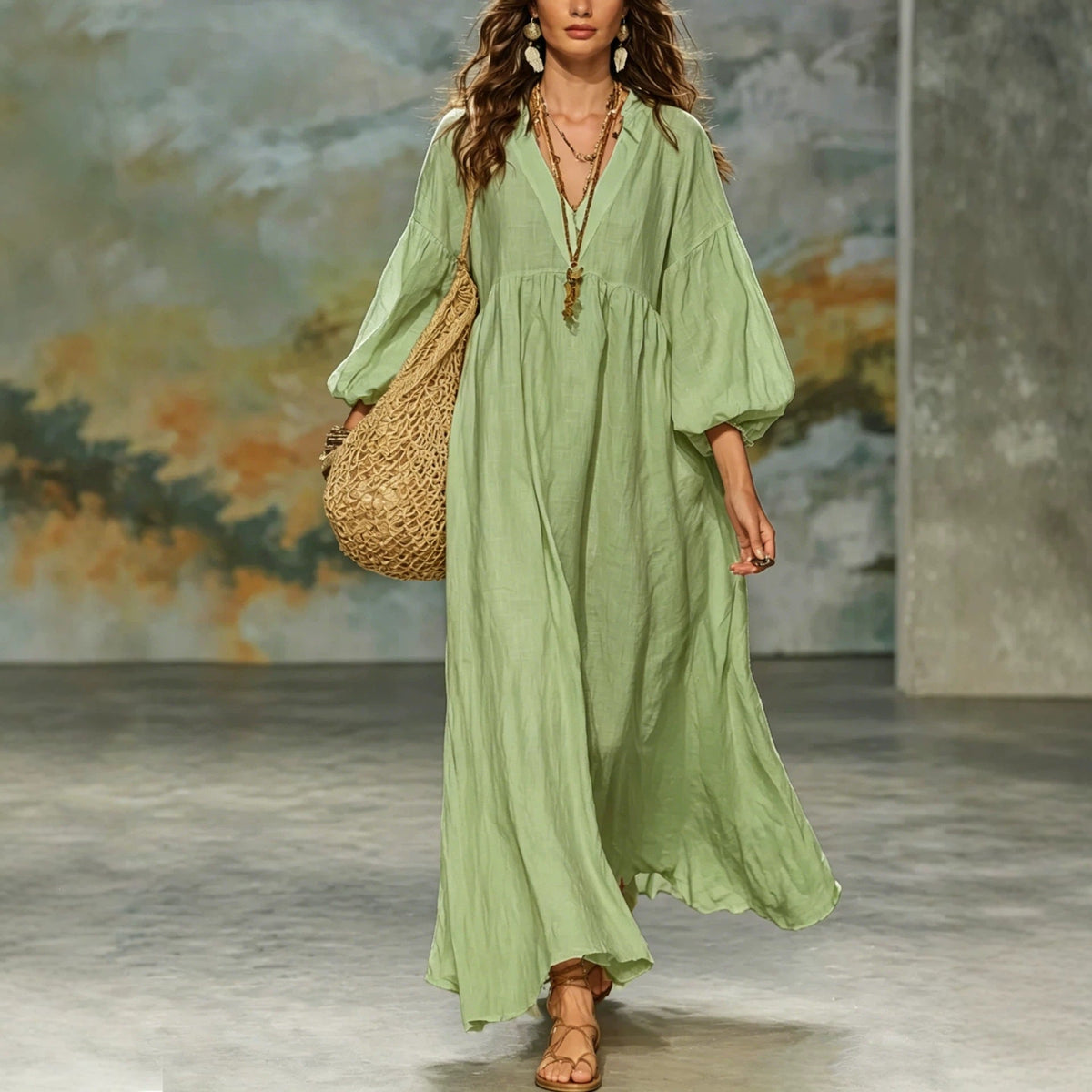 Robe longue Bohème col en V manches ballon en lin mélangé