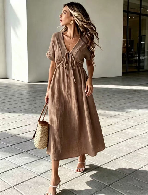 Crinkle‑Textured Tie‑Front V‑Neck Midi Dress - Coffee color / S