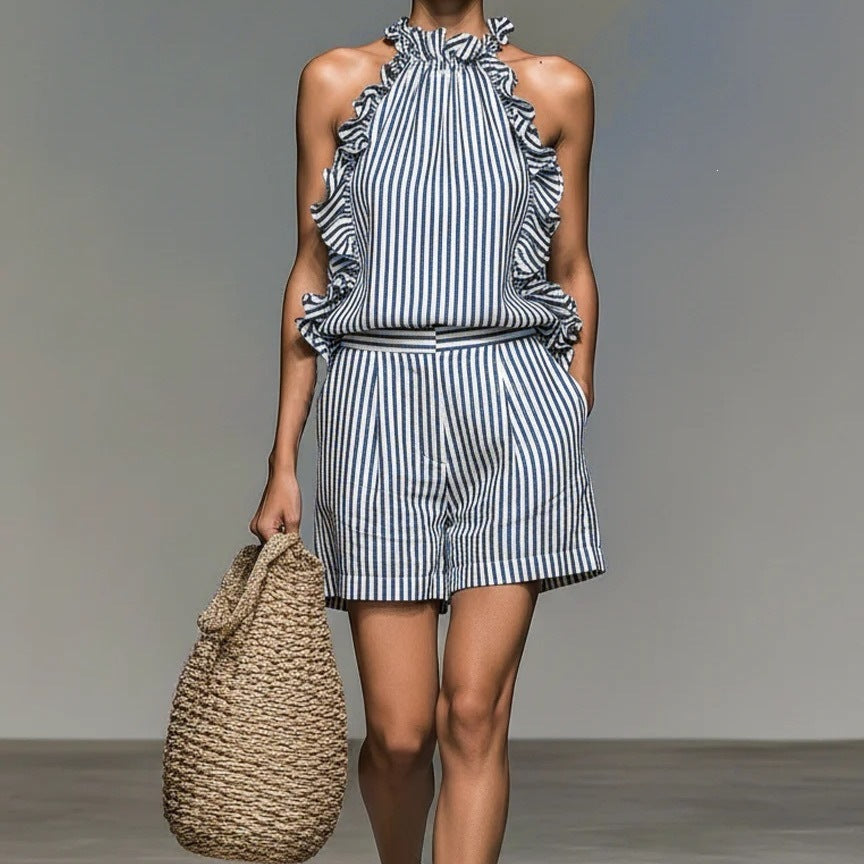 Blue White Vertical Stripe Ruffle Halter Top & High Waist Pocket Shorts 2 Piece Co-Ord Set
